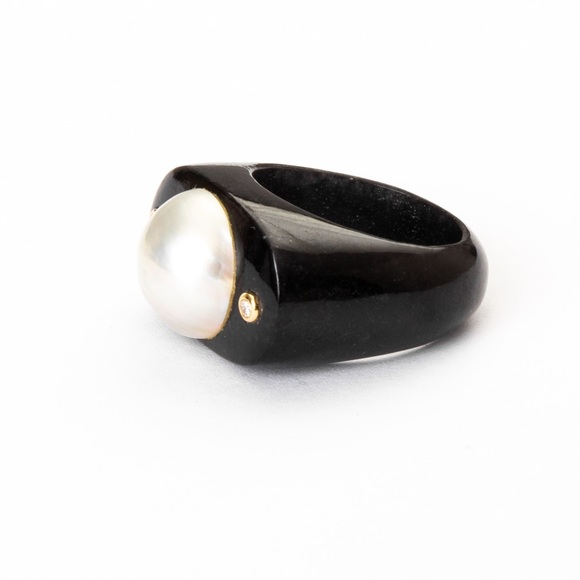 Pearl ring black agate 14K gold diamond accents chunky statement ring luxury 8 - Picture 11 of 16
